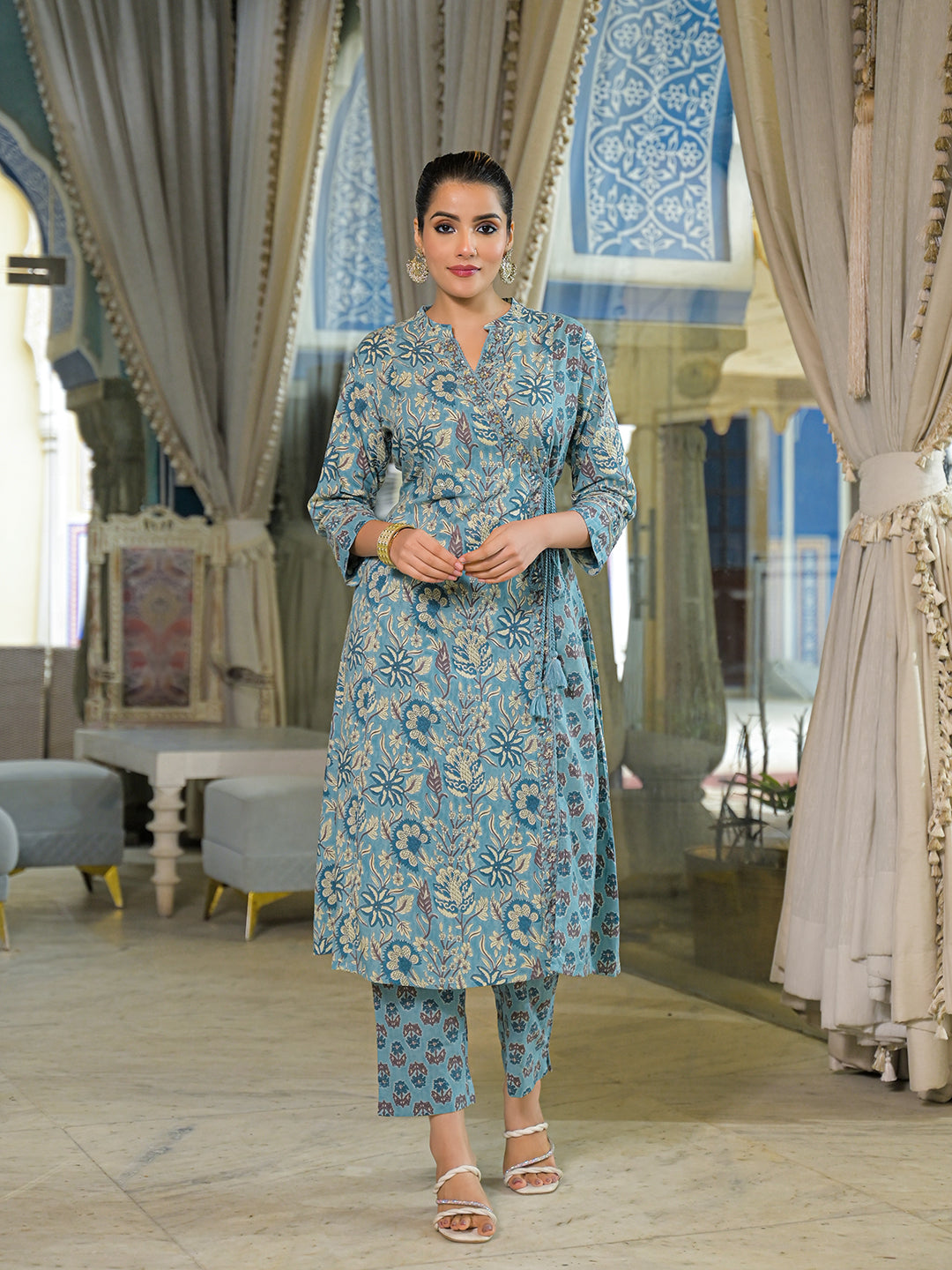 Blue-Cotton-Floral-Print-A-Line-3-Piece-Kurta-Set