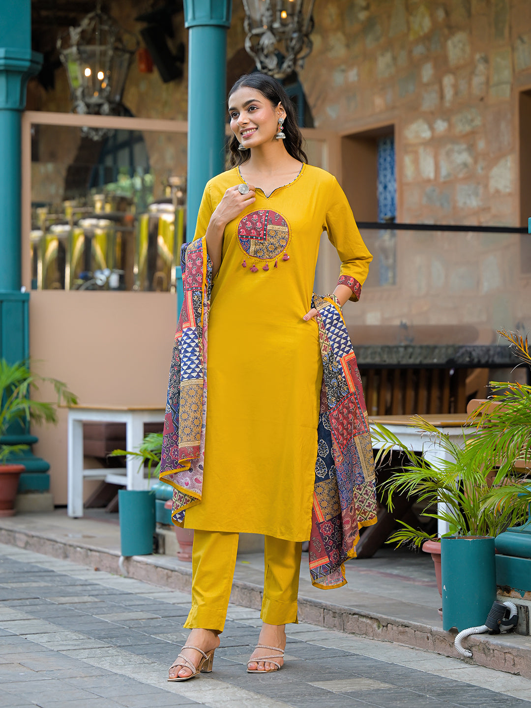 Mustard-Cotton-3-Piece-Kurta-Set