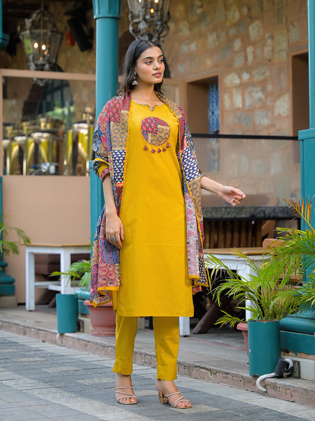 Mustard-Cotton-3-Piece-Kurta-Set