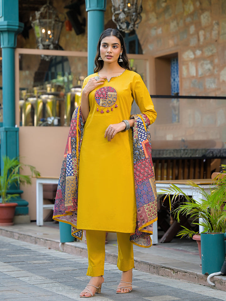 Mustard-Cotton-3-Piece-Kurta-Set