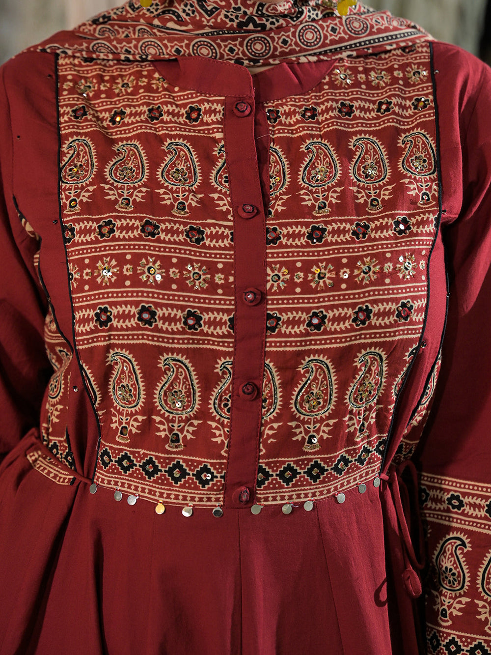 Red-Cotton-Paisley-Print-Anarkali-3-Piece-Kurta-Set