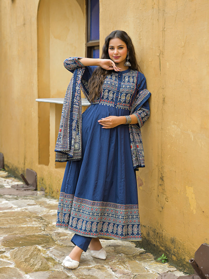 Blue-Cotton-Paisley-Print-Anarkali-3-Piece-Kurta-Set