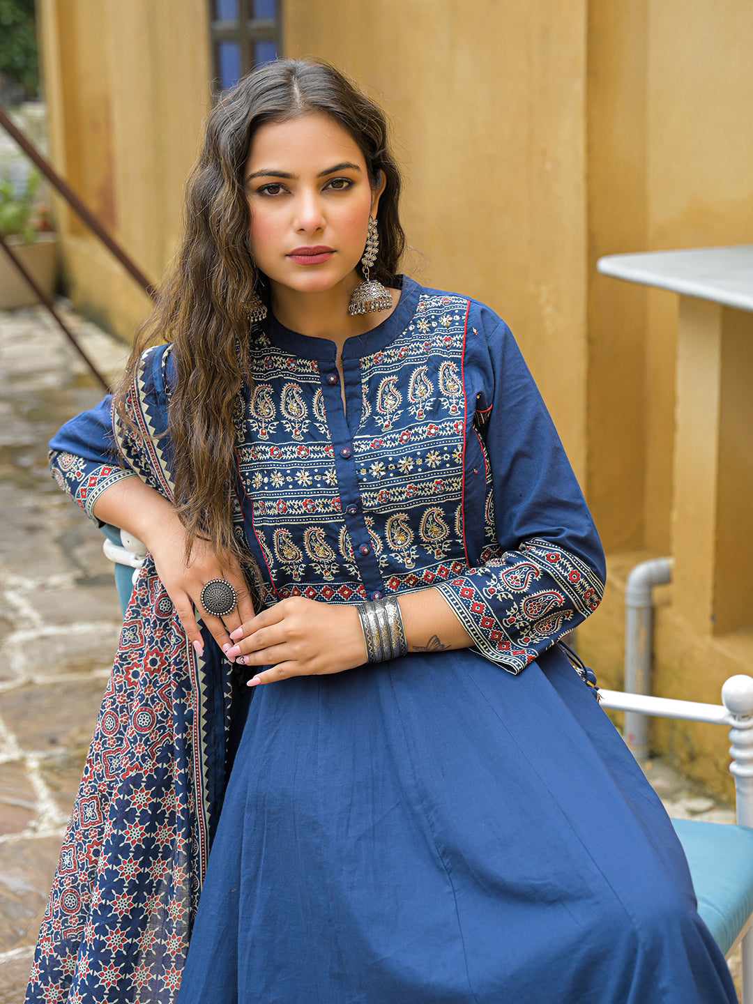 Blue-Cotton-Paisley-Print-Anarkali-3-Piece-Kurta-Set