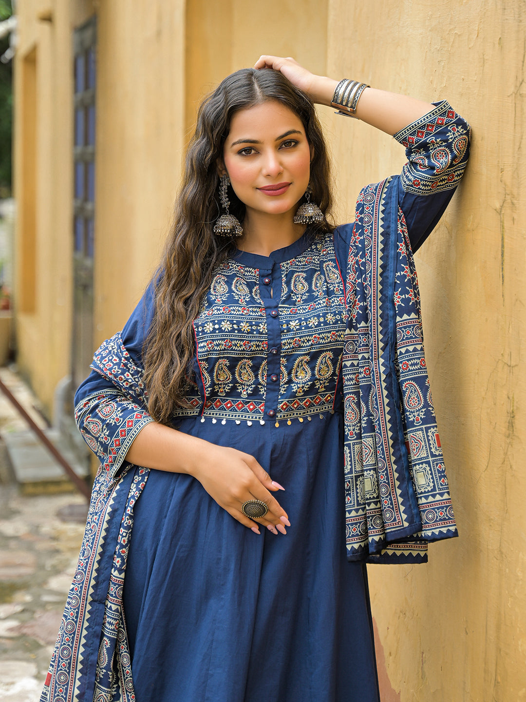 Blue-Cotton-Paisley-Print-Anarkali-3-Piece-Kurta-Set