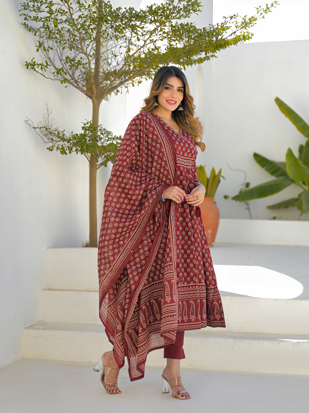 Maroon V-Neck Anarkali Floral Cotton Kurta Pant Set With Dupatta