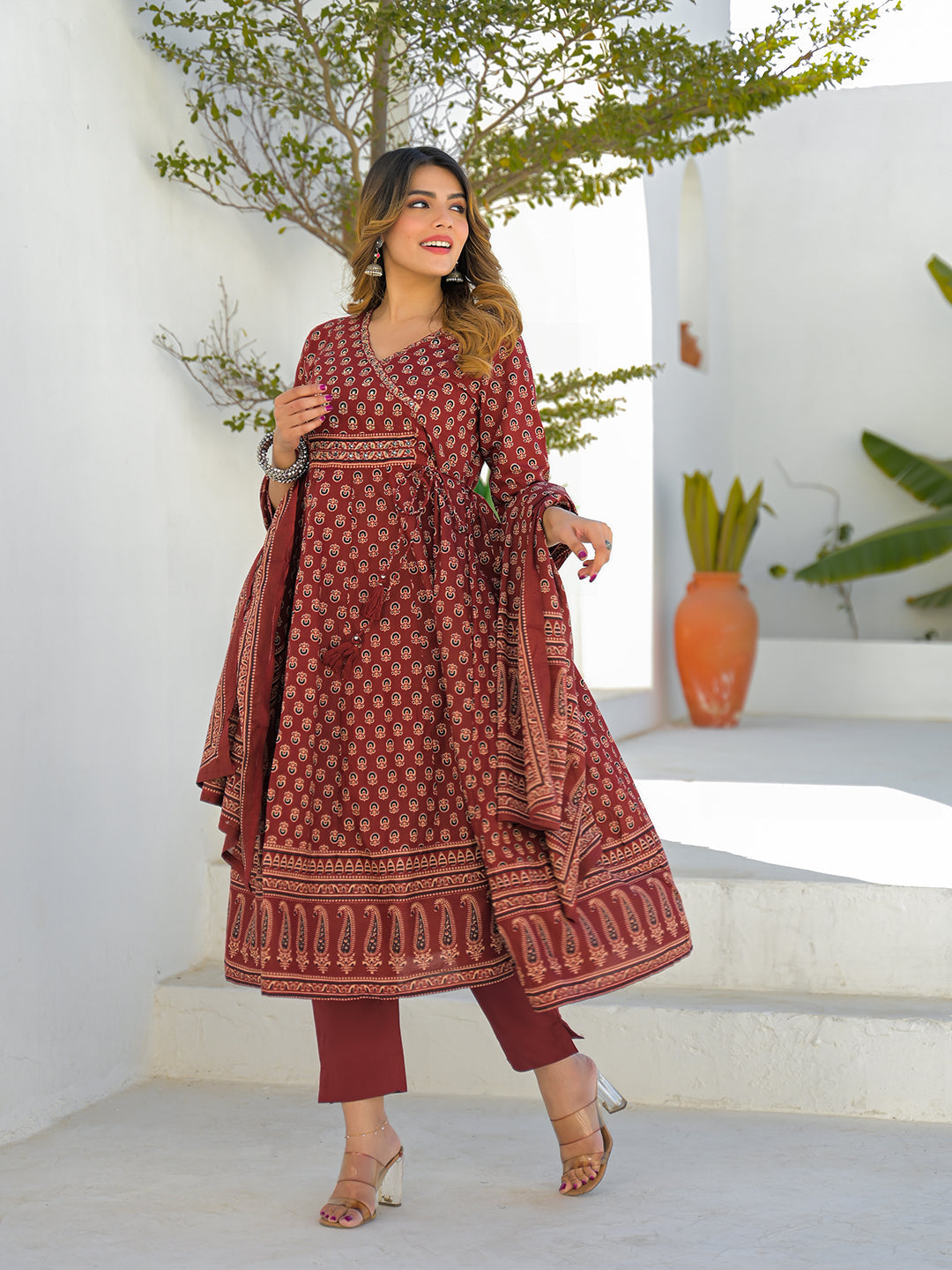 Maroon V-Neck Anarkali Floral Cotton Kurta Pant Set With Dupatta