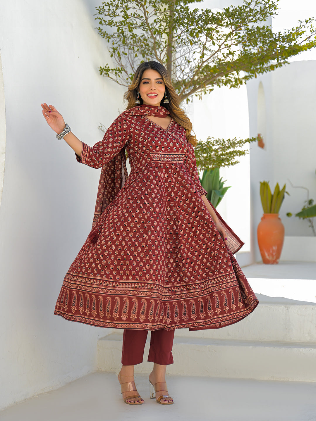 Maroon V-Neck Anarkali Floral Cotton Kurta Pant Set With Dupatta