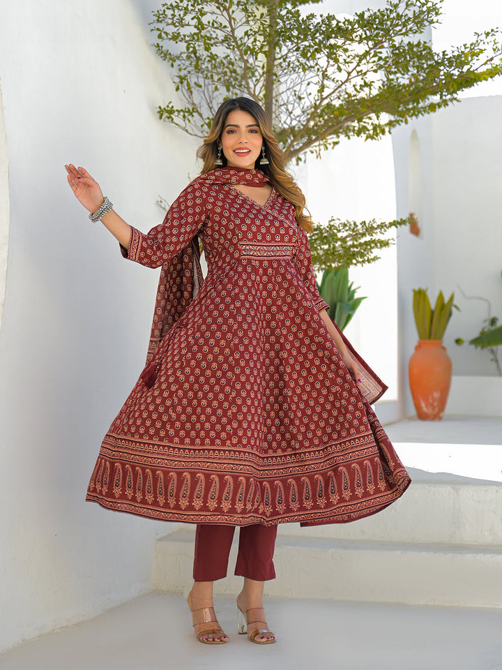 Maroon V-Neck Anarkali Floral Cotton Kurta Pant Set With Dupatta