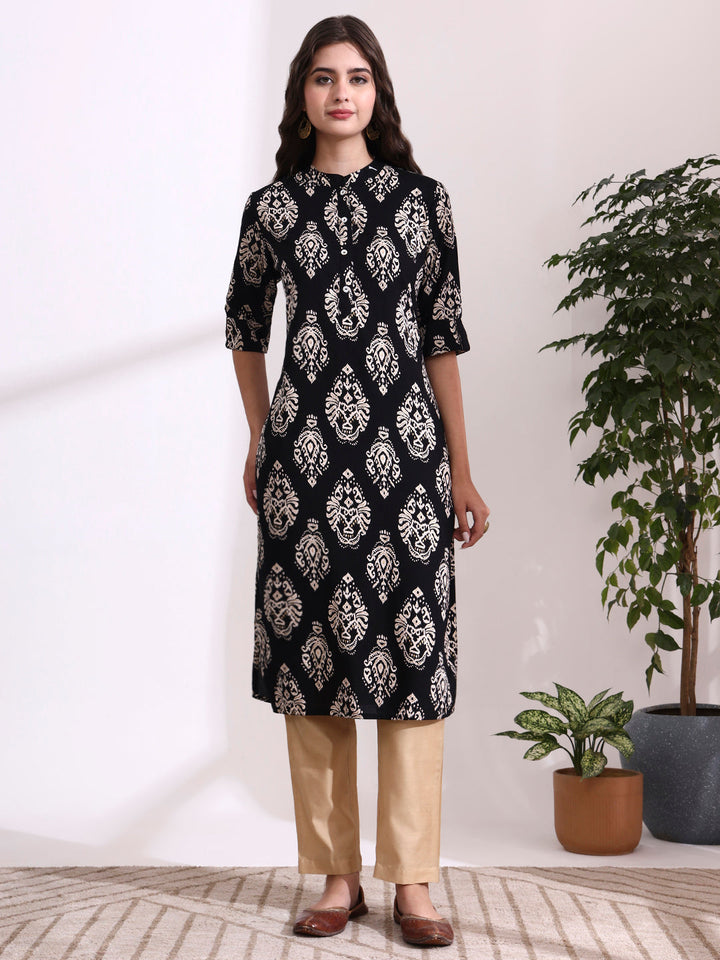 Black Rayon Rollup Sleeves Straight Kurta