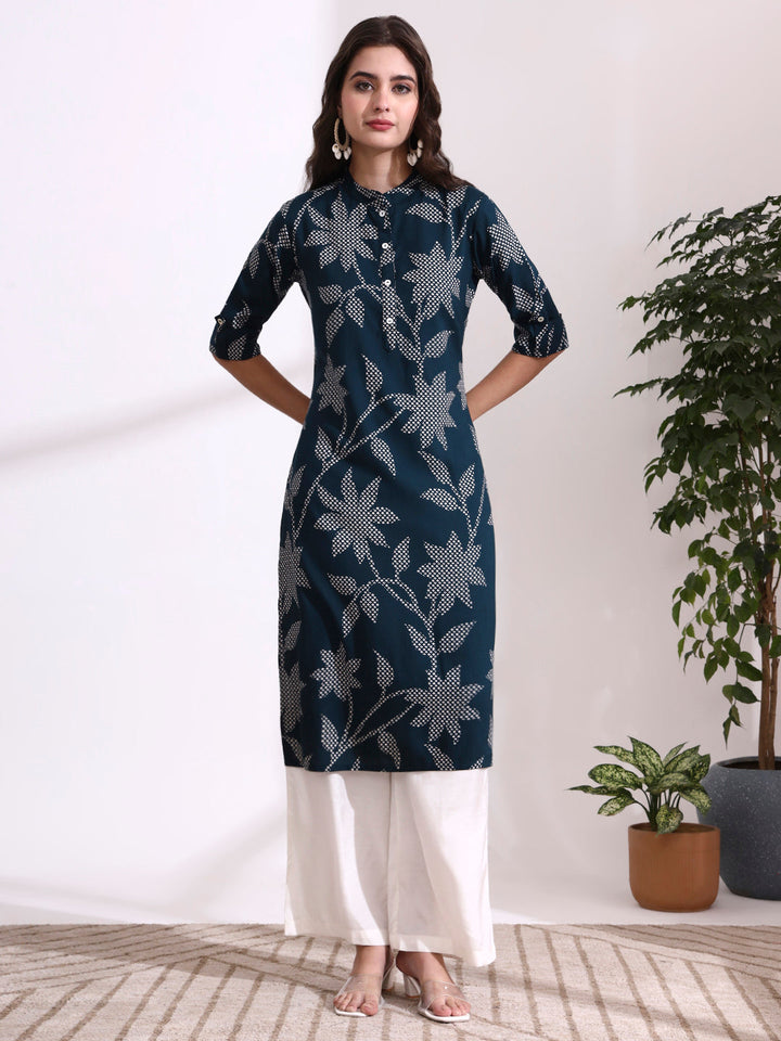 Dark Green Rayon Rollup Sleeves Floral Straight Kurta