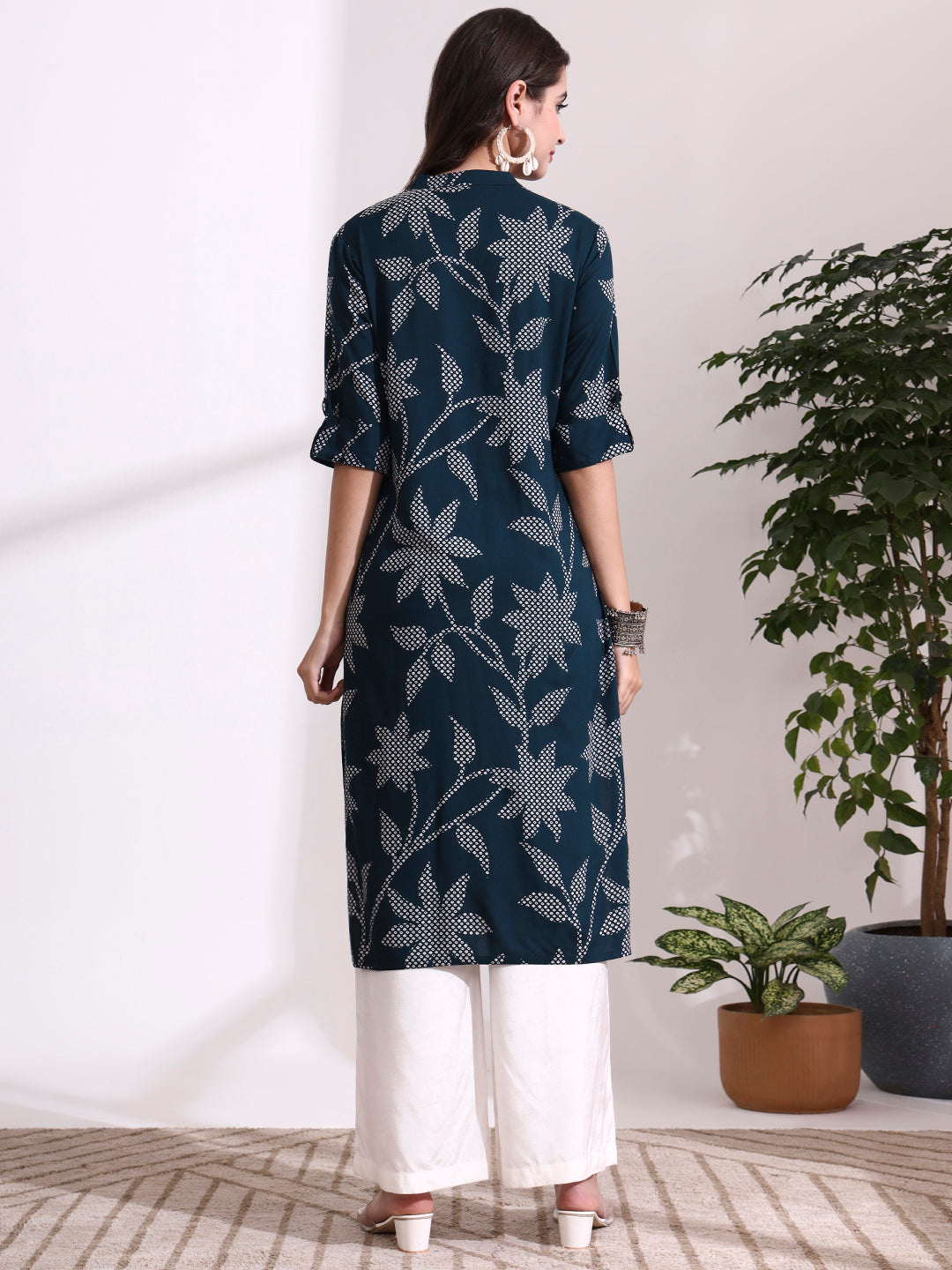 Dark Green Rayon Rollup Sleeves Floral Straight Kurta