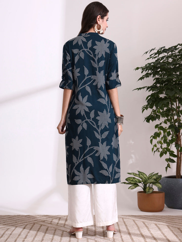 Dark Green Rayon Rollup Sleeves Floral Straight Kurta