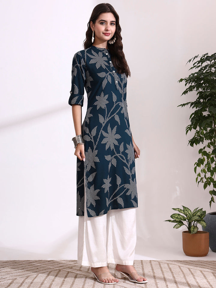 Dark Green Rayon Rollup Sleeves Floral Straight Kurta