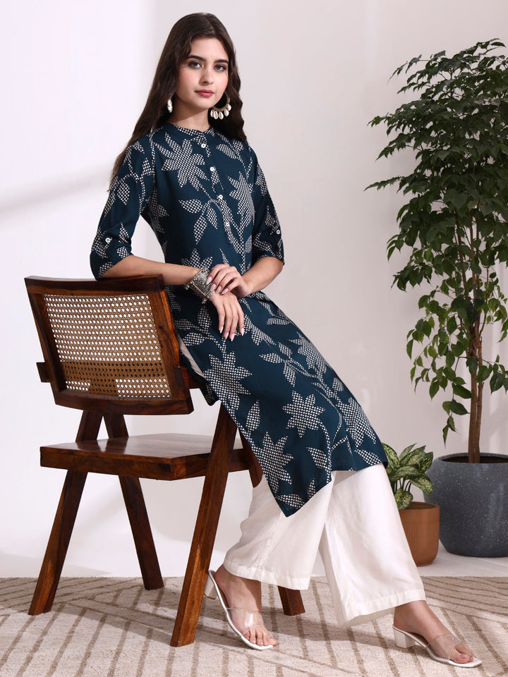 Dark Green Rayon Rollup Sleeves Floral Straight Kurta