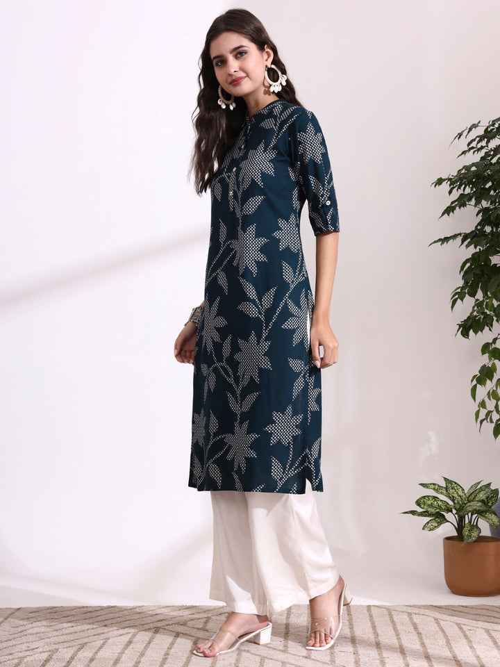 Dark Green Rayon Rollup Sleeves Floral Straight Kurta
