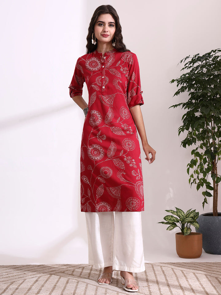 Red Rayon Rollup Sleeves Straight Kurta