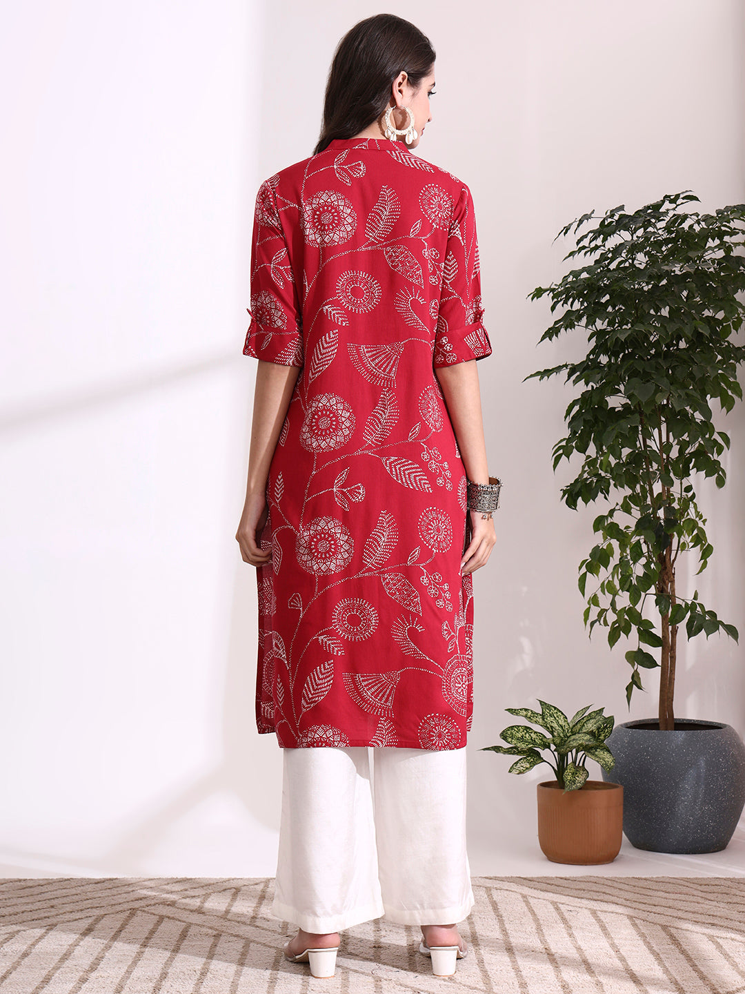 Red Rayon Rollup Sleeves Straight Kurta