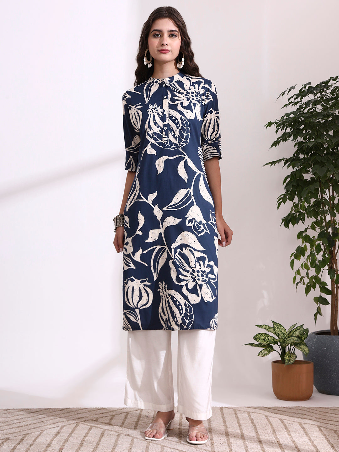 Blue Rayon Rollup Sleeves Straight Kurta