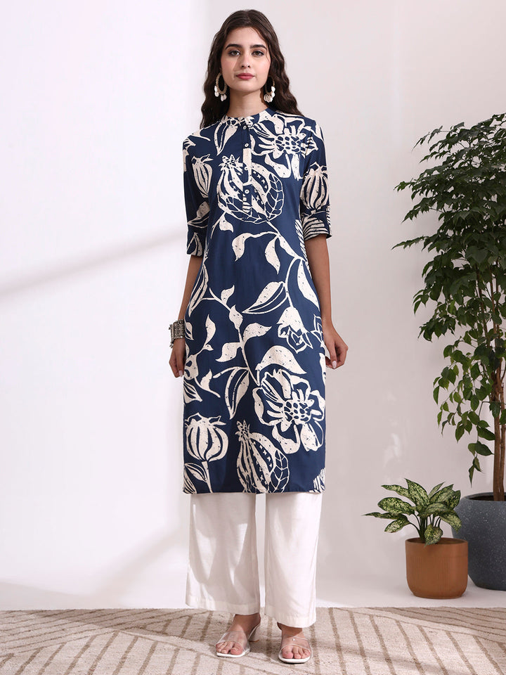 Blue Rayon Rollup Sleeves Straight Kurta