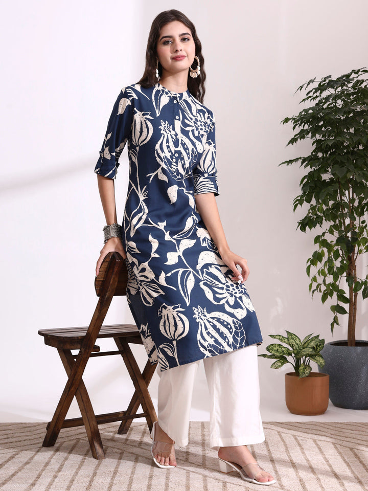 Blue Rayon Rollup Sleeves Straight Kurta