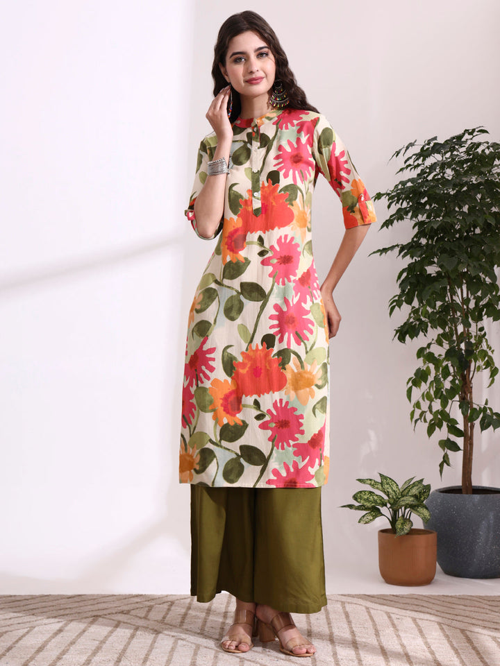 Cream Rayon Rollup Sleeves Straight Kurta