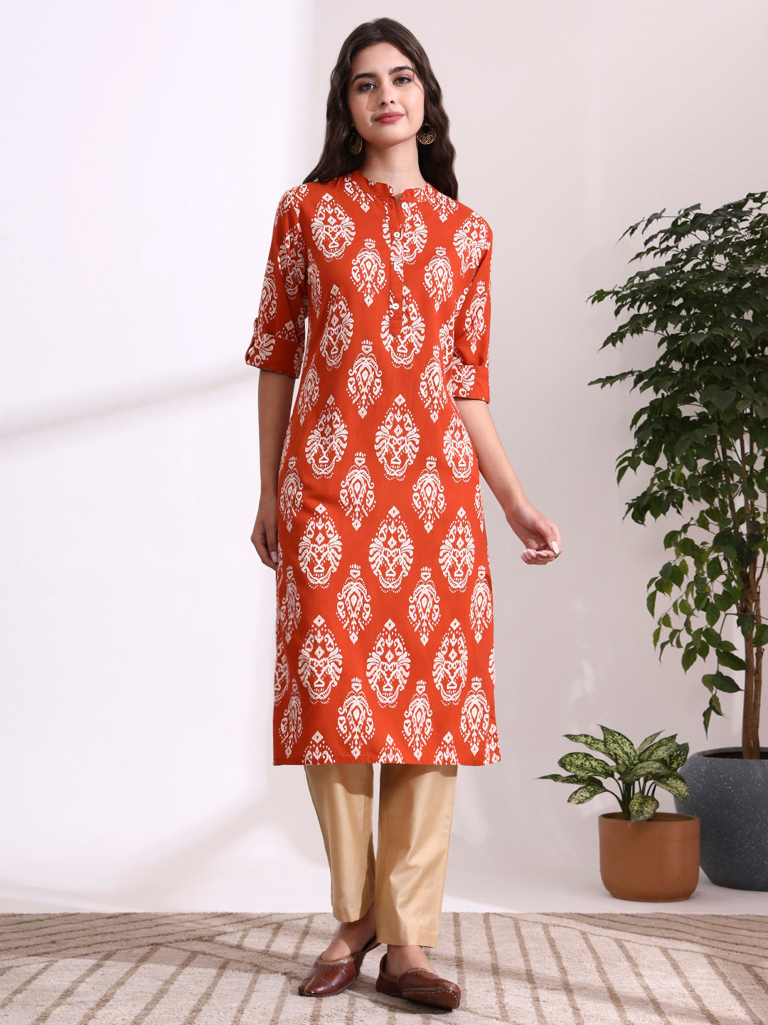 Orange Rayon Rollup Sleeves Straight Kurta