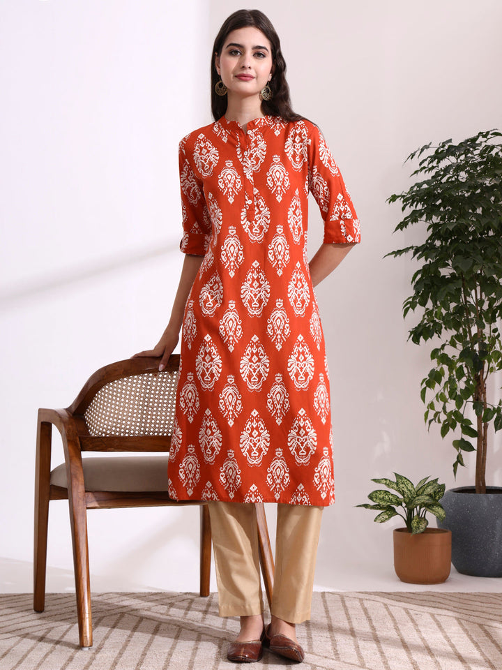 Orange Rayon Rollup Sleeves Straight Kurta