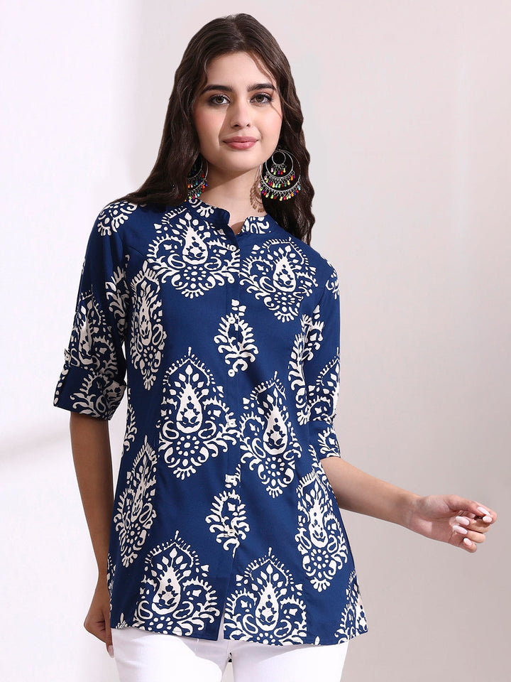 Blue Mandarin Coller Roll Up Sleeves Viscose Rayon Top