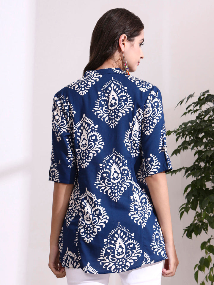 Blue Mandarin Coller Roll Up Sleeves Viscose Rayon Top