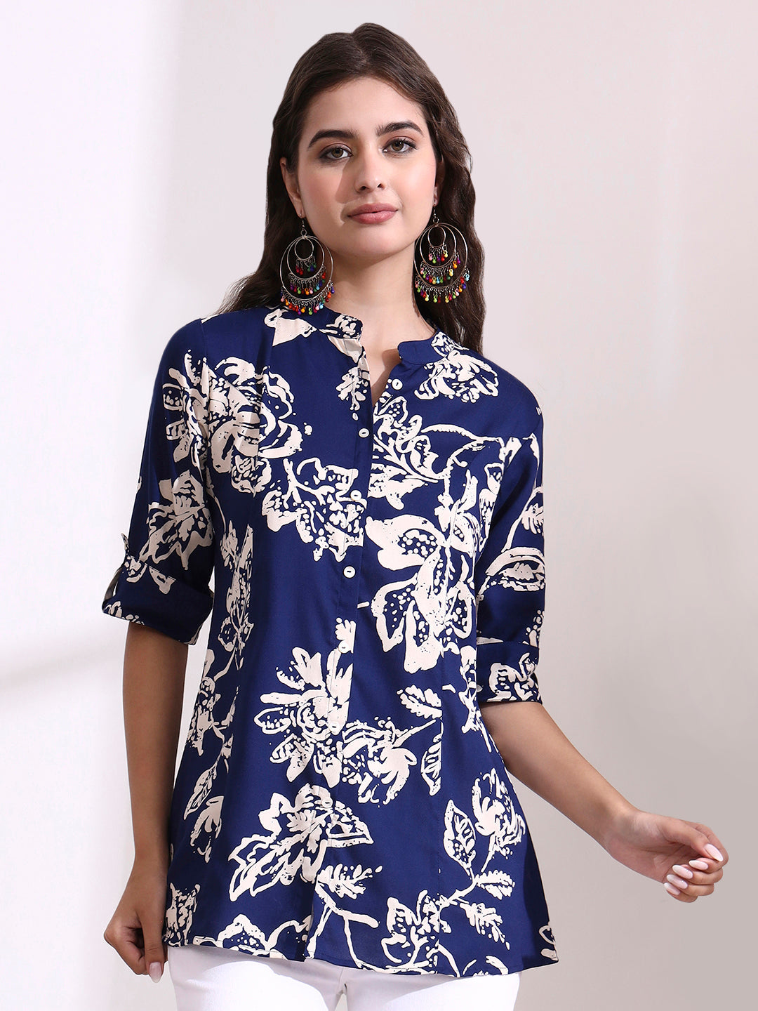 Dark Blue Mandarin Coller Roll Up Sleeves Viscose Rayon Top