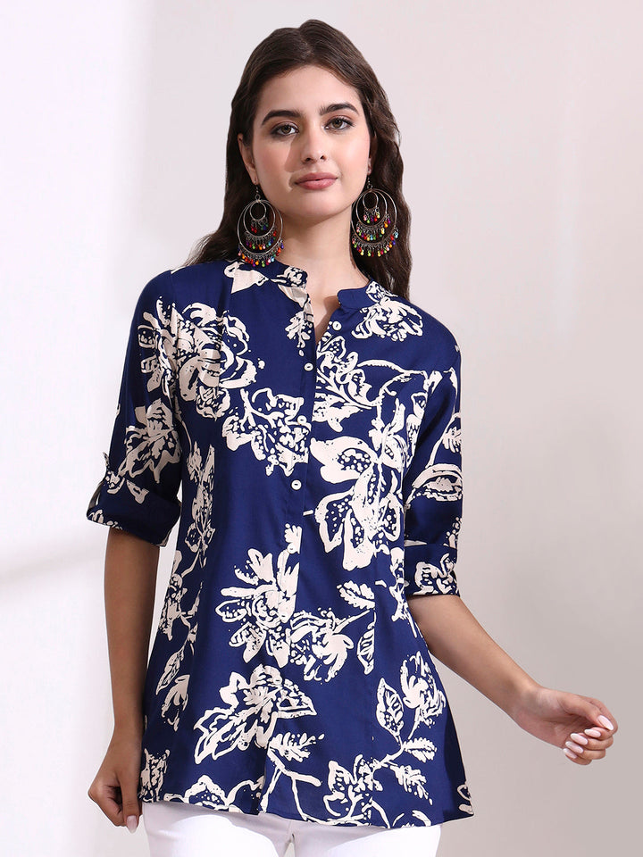 Dark Blue Mandarin Coller Roll Up Sleeves Viscose Rayon Top