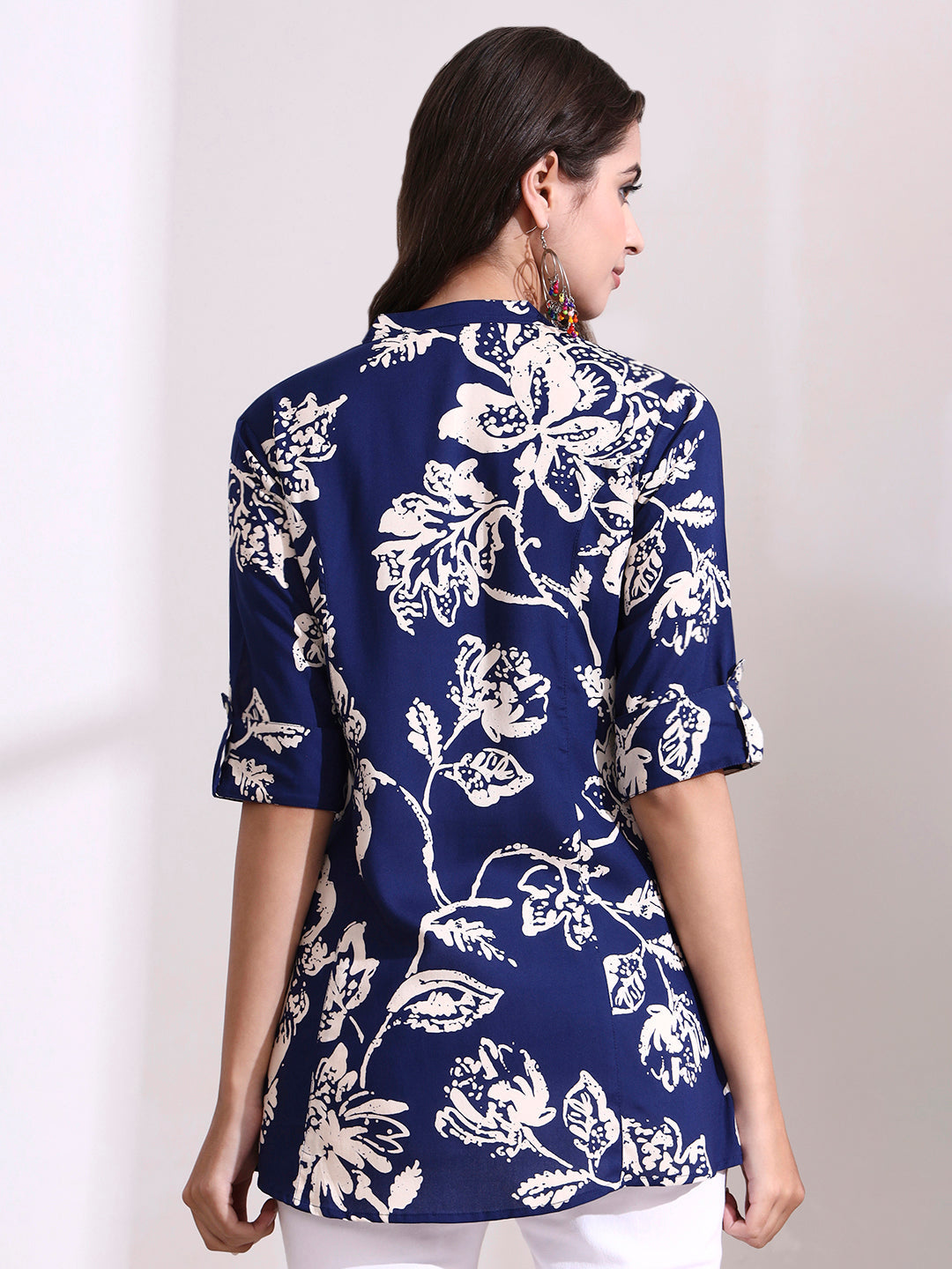 Dark Blue Mandarin Coller Roll Up Sleeves Viscose Rayon Top