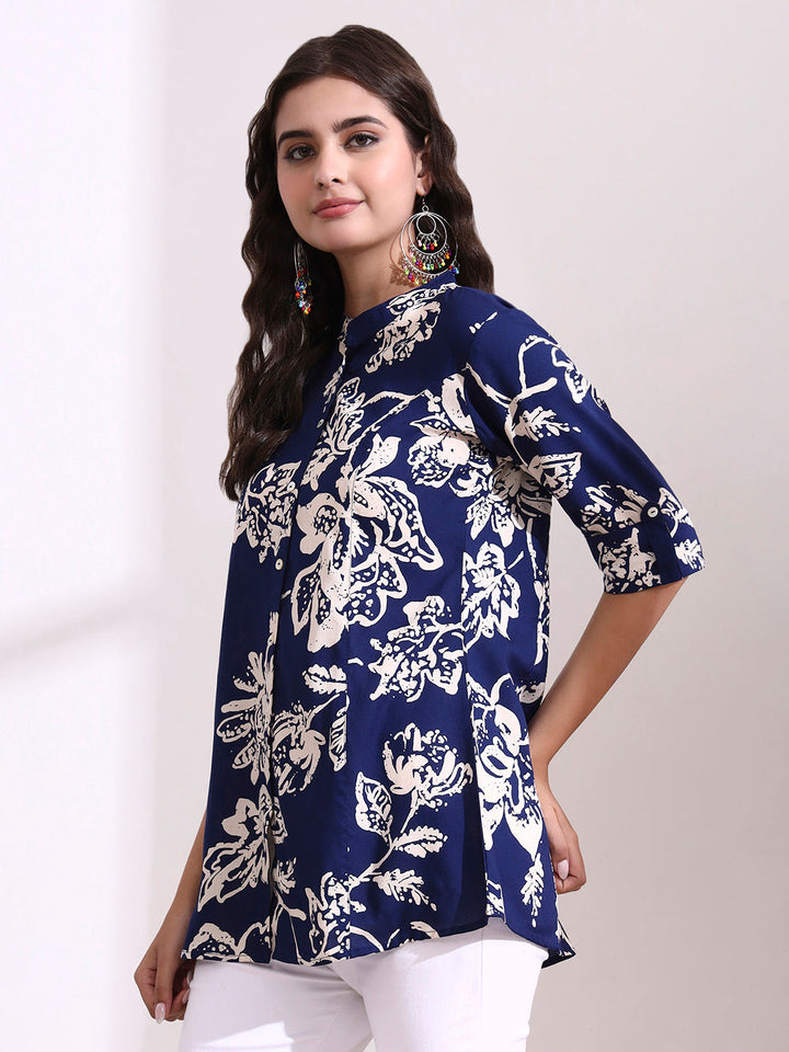 Dark Blue Mandarin Coller Roll Up Sleeves Viscose Rayon Top