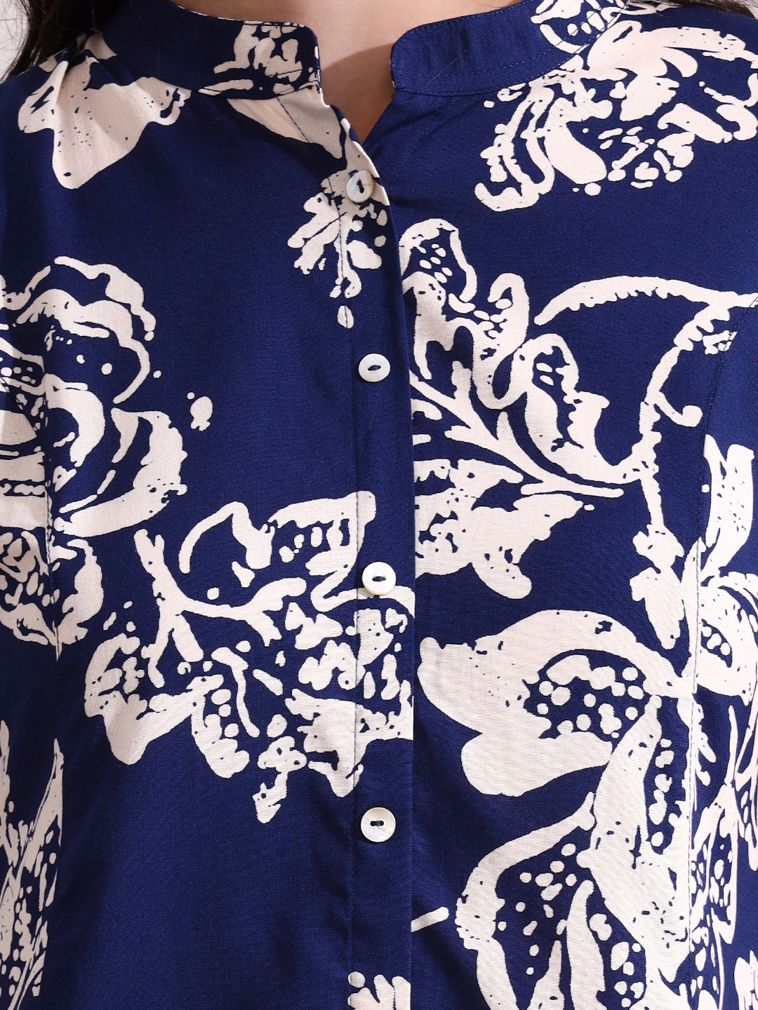 Dark Blue Mandarin Coller Roll Up Sleeves Viscose Rayon Top
