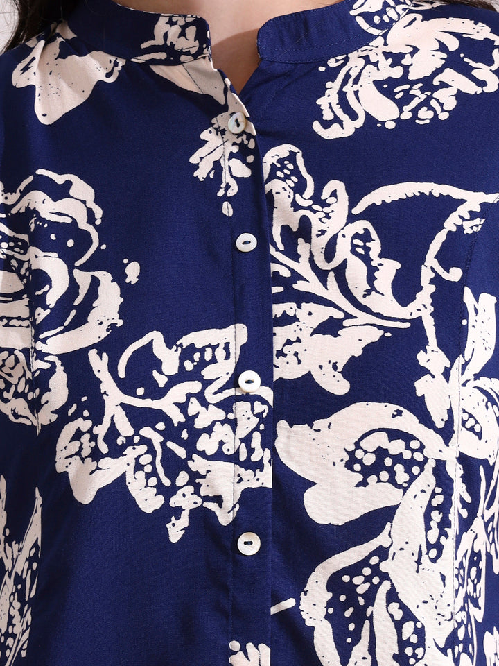 Dark Blue Mandarin Coller Roll Up Sleeves Viscose Rayon Top