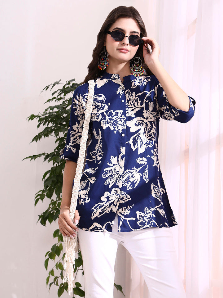 Dark Blue Mandarin Coller Roll Up Sleeves Viscose Rayon Top