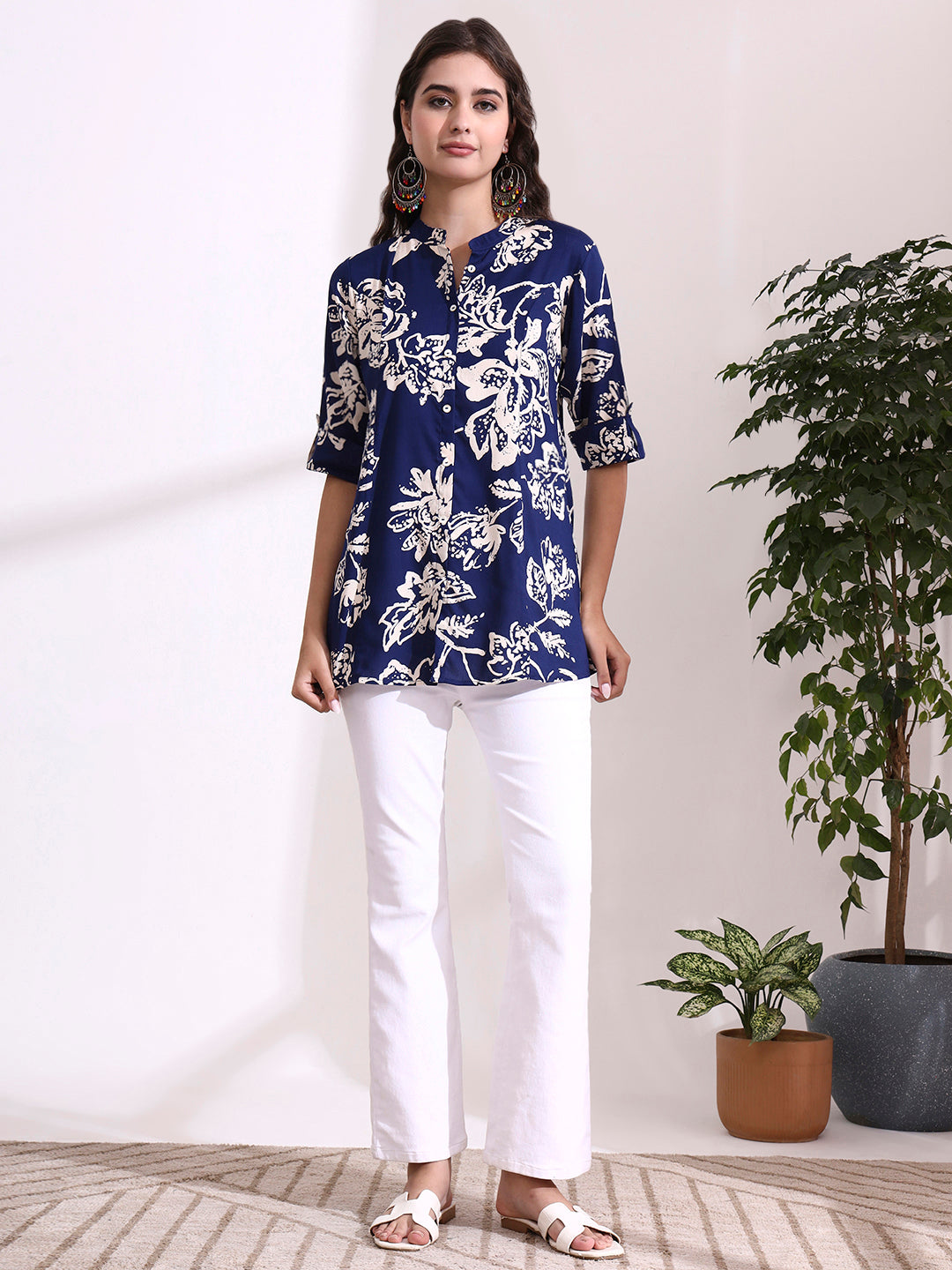 Dark Blue Mandarin Coller Roll Up Sleeves Viscose Rayon Top