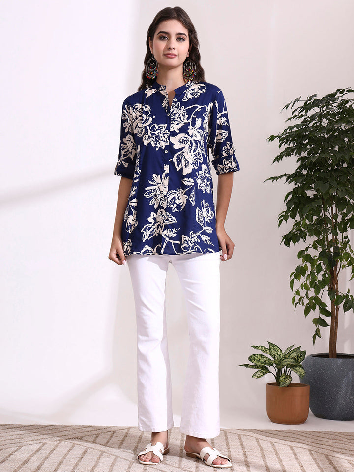 Dark Blue Mandarin Coller Roll Up Sleeves Viscose Rayon Top
