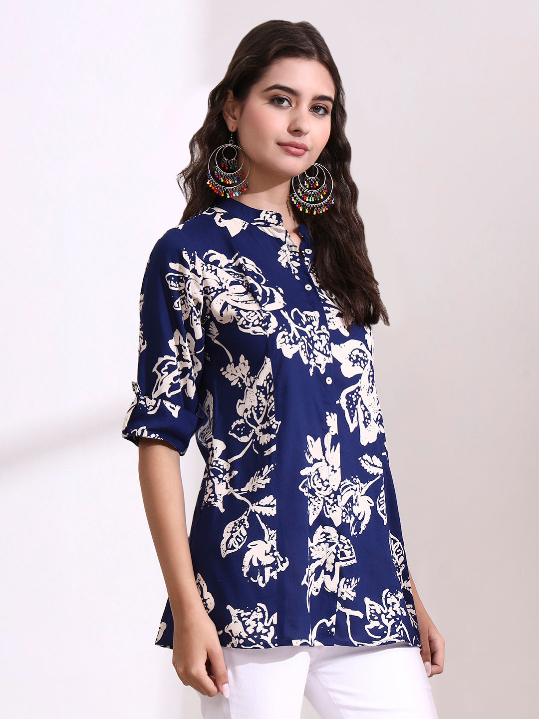Dark Blue Mandarin Coller Roll Up Sleeves Viscose Rayon Top