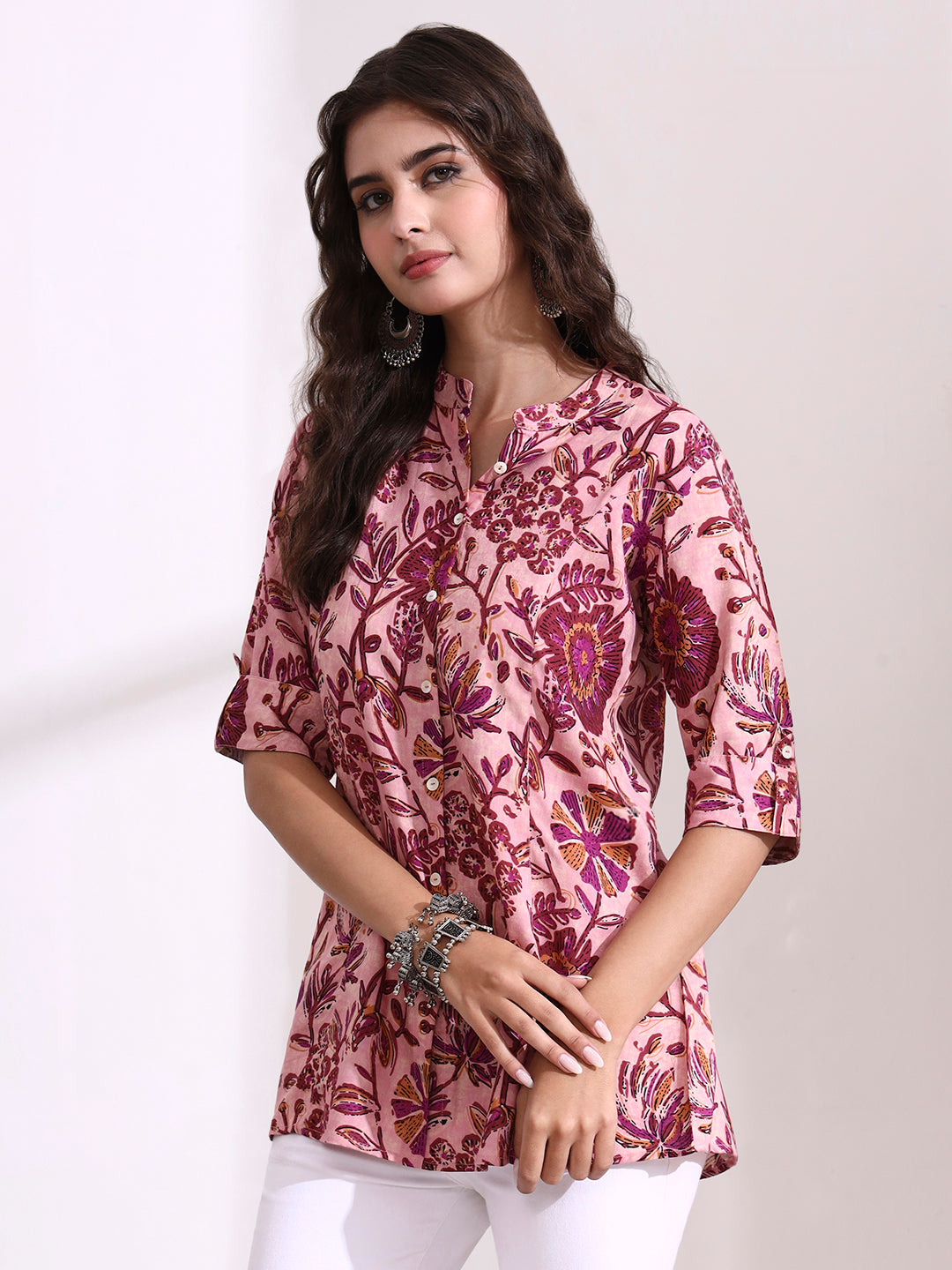 Peach Mandarin Coller Roll Up Sleeves Viscose Rayon Top