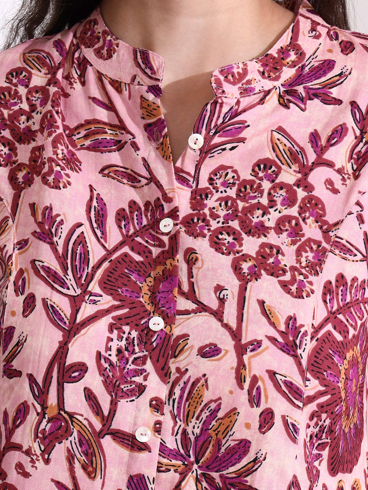 Peach Mandarin Coller Roll Up Sleeves Viscose Rayon Top