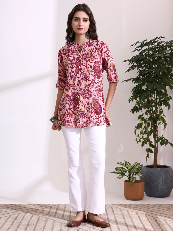 Peach Mandarin Coller Roll Up Sleeves Viscose Rayon Top