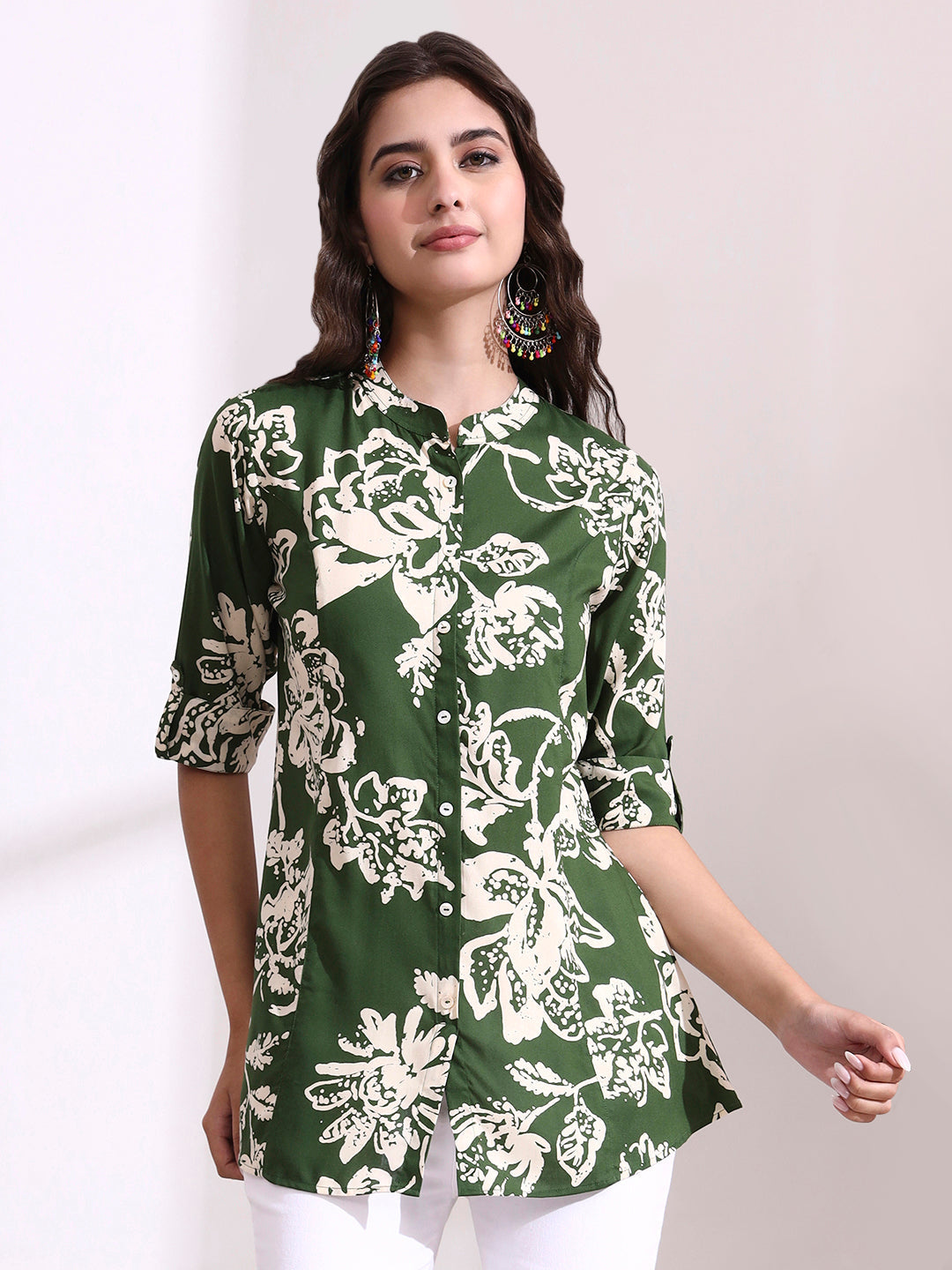 Green Mandarin Coller Roll Up Sleeves Viscose Rayon Top