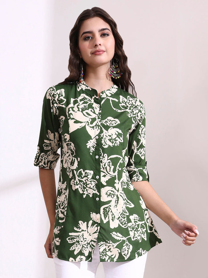 Green Mandarin Coller Roll Up Sleeves Viscose Rayon Top