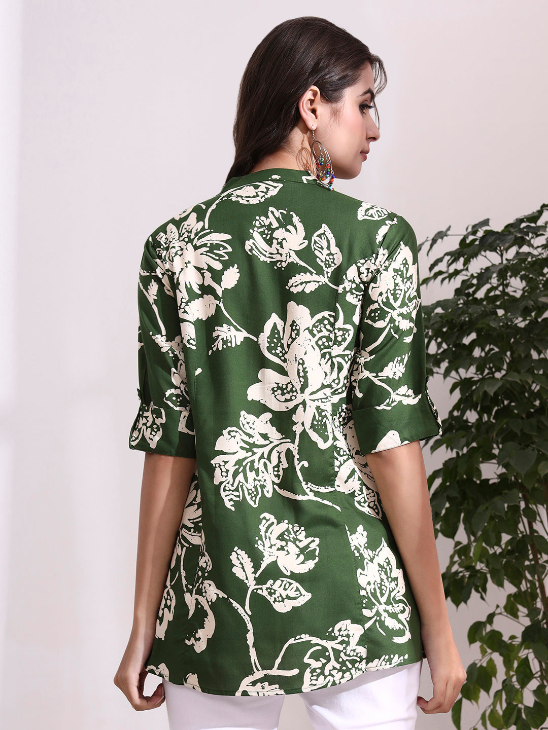 Green Mandarin Coller Roll Up Sleeves Viscose Rayon Top