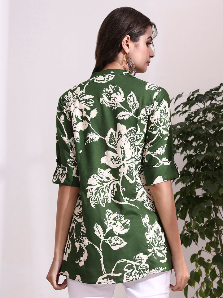 Green Mandarin Coller Roll Up Sleeves Viscose Rayon Top