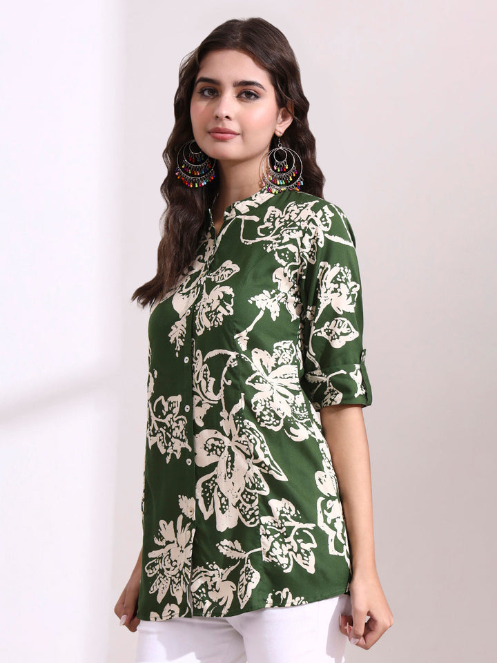 Green Mandarin Coller Roll Up Sleeves Viscose Rayon Top