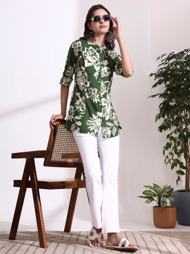 Green Mandarin Coller Roll Up Sleeves Viscose Rayon Top