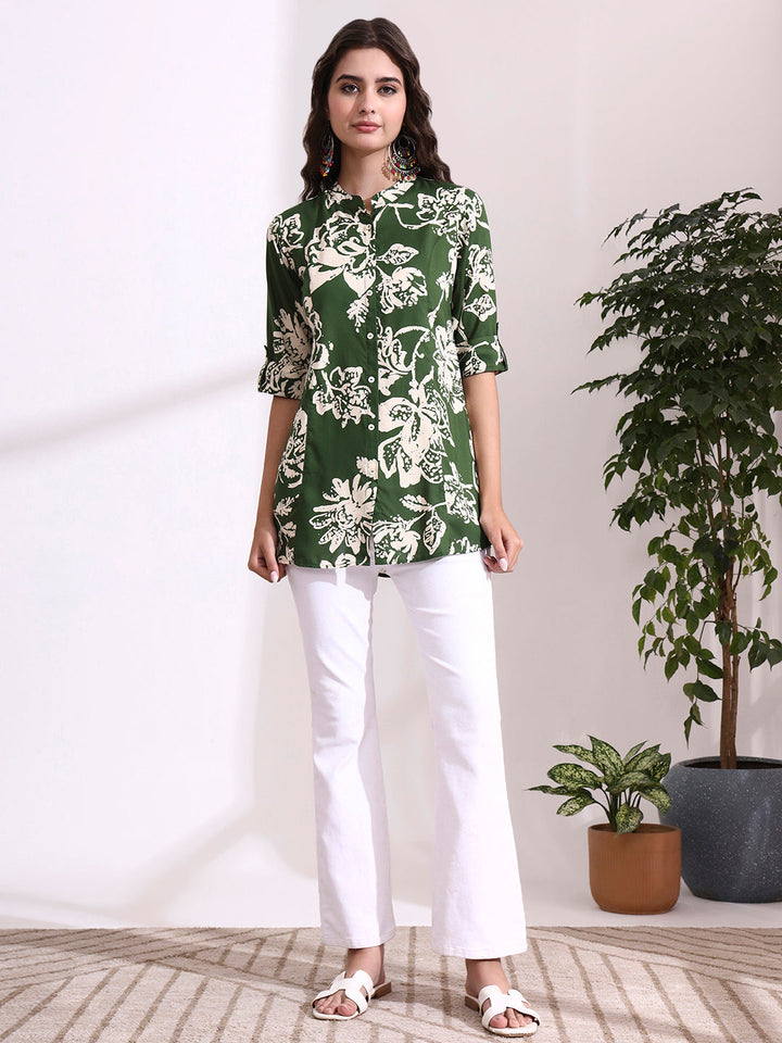 Green Mandarin Coller Roll Up Sleeves Viscose Rayon Top