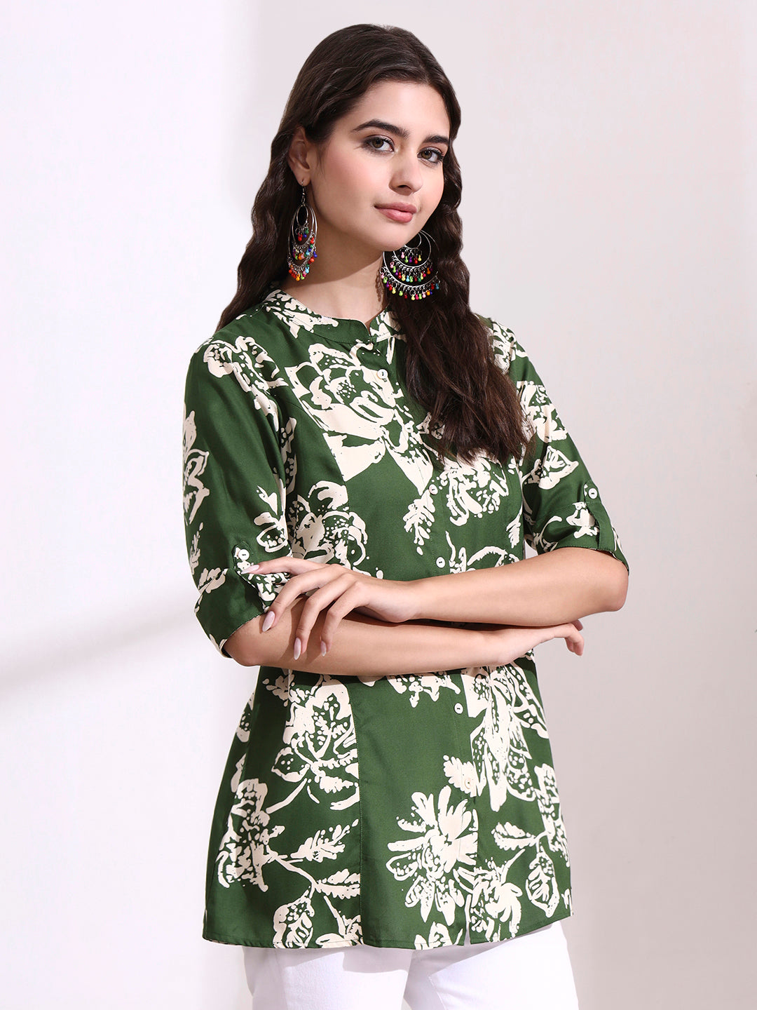Green Mandarin Coller Roll Up Sleeves Viscose Rayon Top